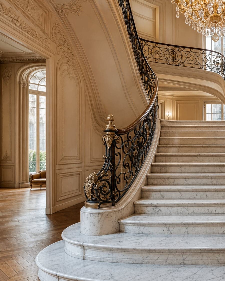 Grand escalier en marbre avec garde-corps en fer forgé — Decottegnie marbrerie