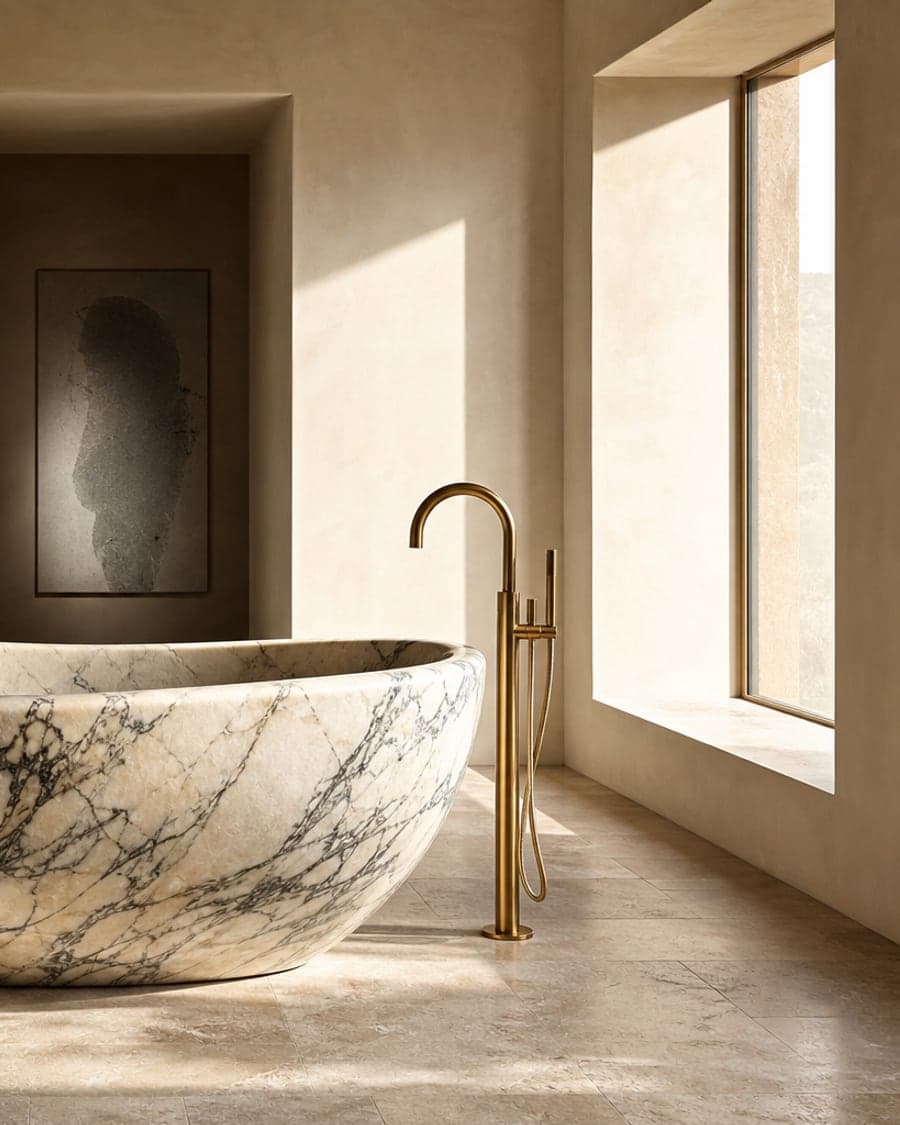 Baignoire îlot en marbre veiné dans une salle de bain sur mesure — Decottegnie marbrerie